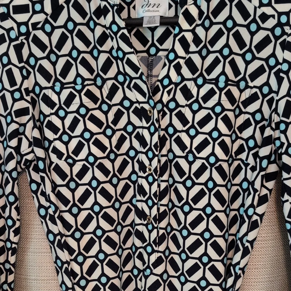 Elegant Navy, Light Blue and Off-White Geometric Long Sleeve Dress - Picture 3 of 9